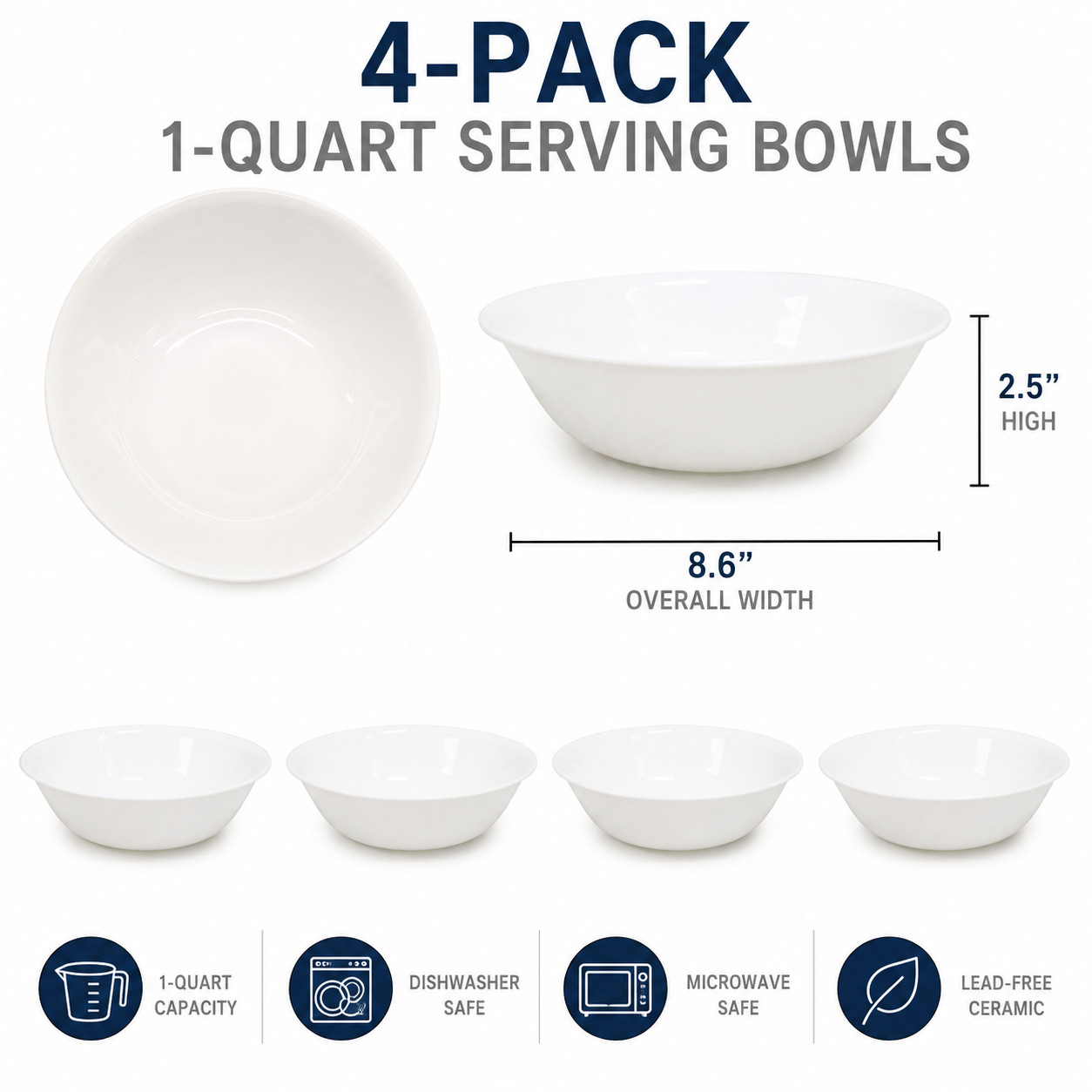 4pk- Corelle Vitrelle 1-Quart Serving Bowls Winter Frost White 8.5″ Round