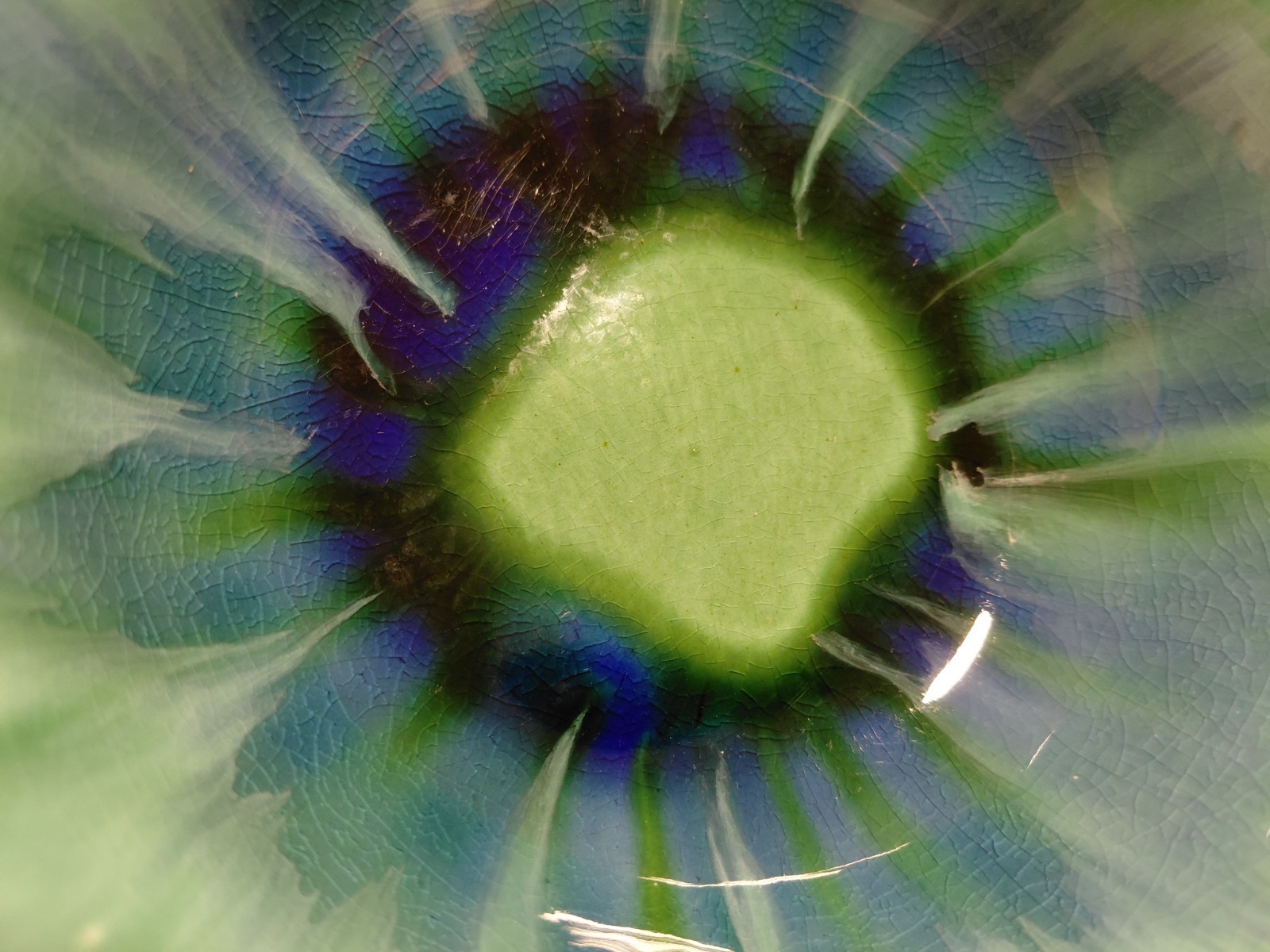 California Pottery 273 USA Green & Blue floral drip glaze bowl MCM