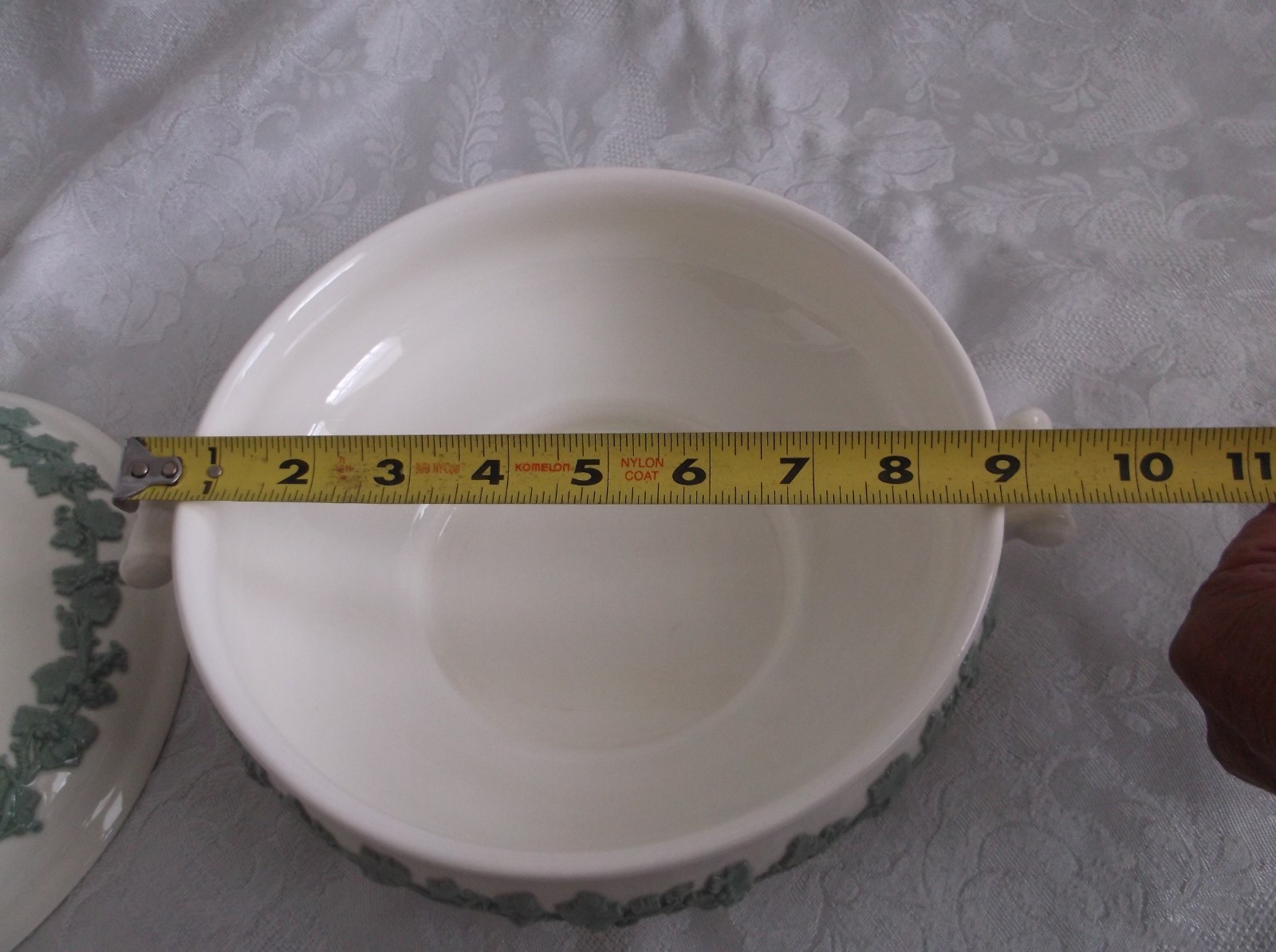 Wedgwood Embossed Queensware Celadon on Cream Covered Vegetable Bowl 8¼”