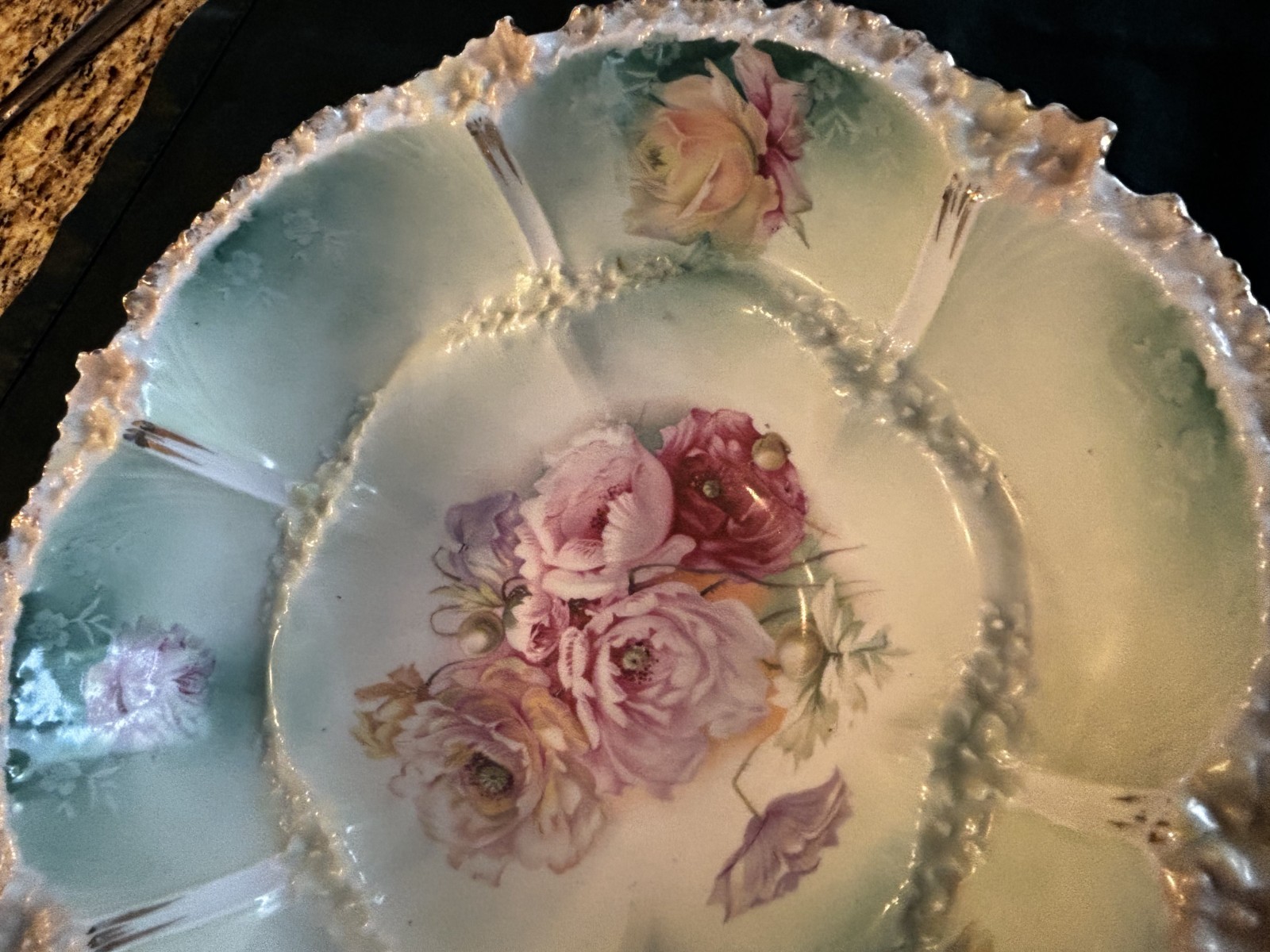 Beautiful RS Prussia Antique Large Deep Floral Bowl 10″ Red Mark PERFECT Cond.