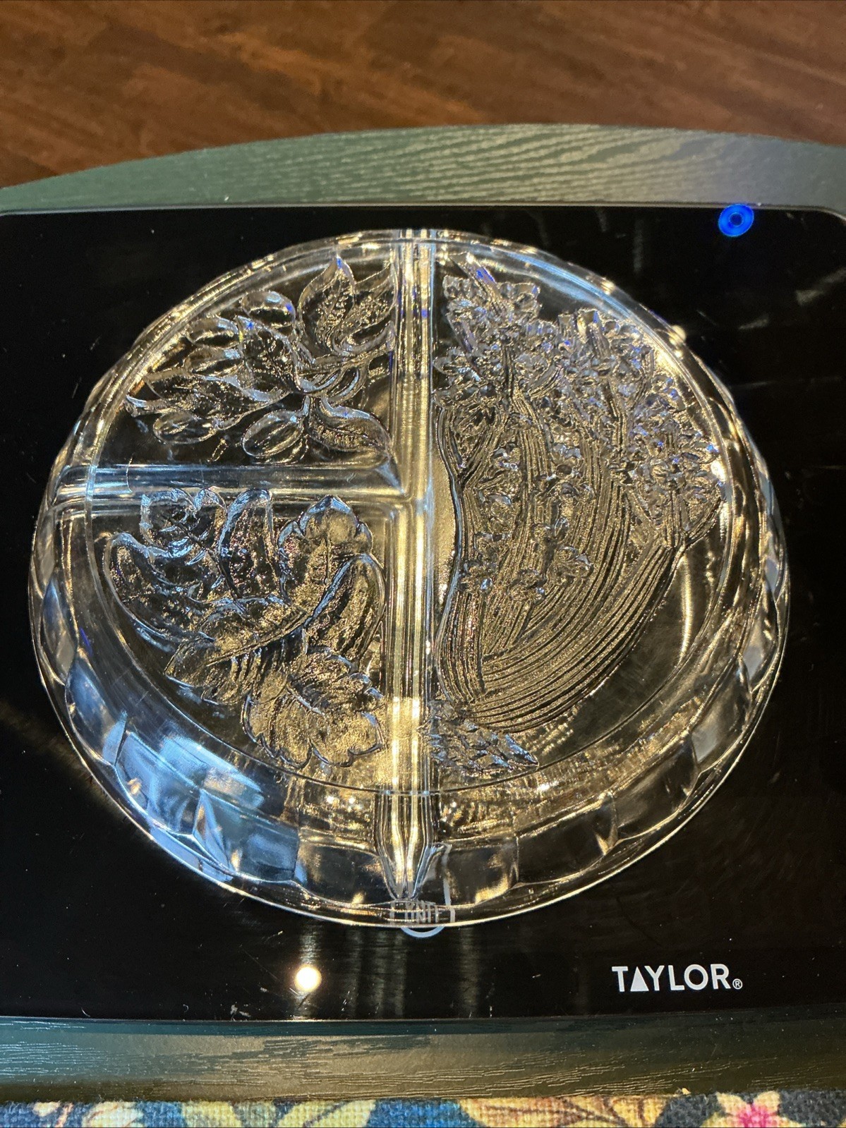 Vintage Indiana Glass 7.5” Round Divided Embossed Relish Vegetable Dish