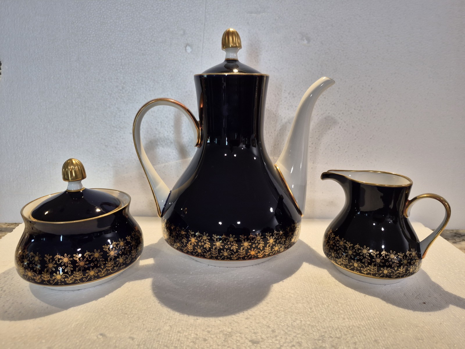 Rare 3pc WEIMAR Harmonie 7243 Echt Kobalt Blue/Gold Coffee Pot w/Creamer & Sugar
