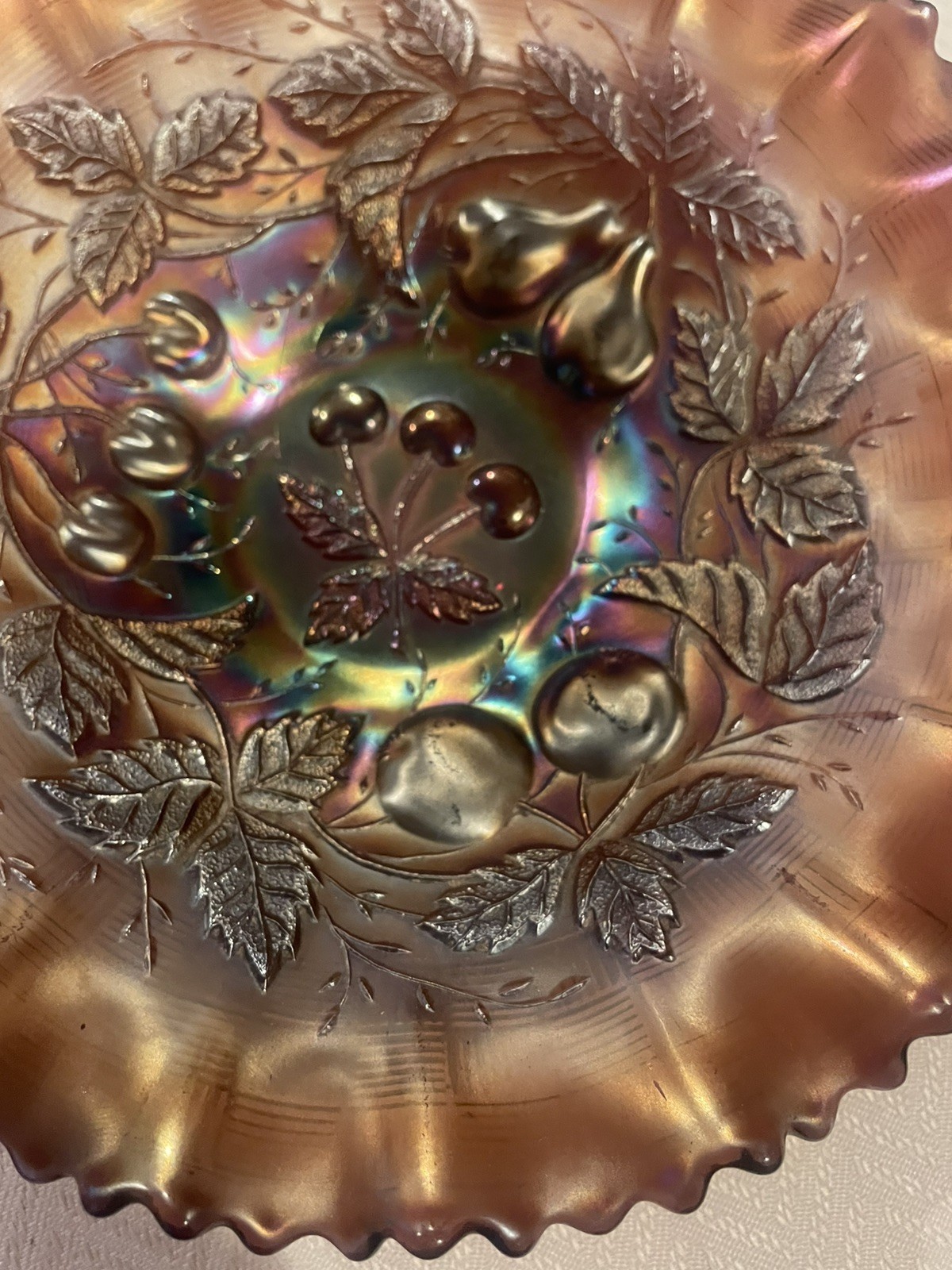 Northwood Carnival Glass Opalescent Fruit And Leaves Blue Brown Green 8.5”
