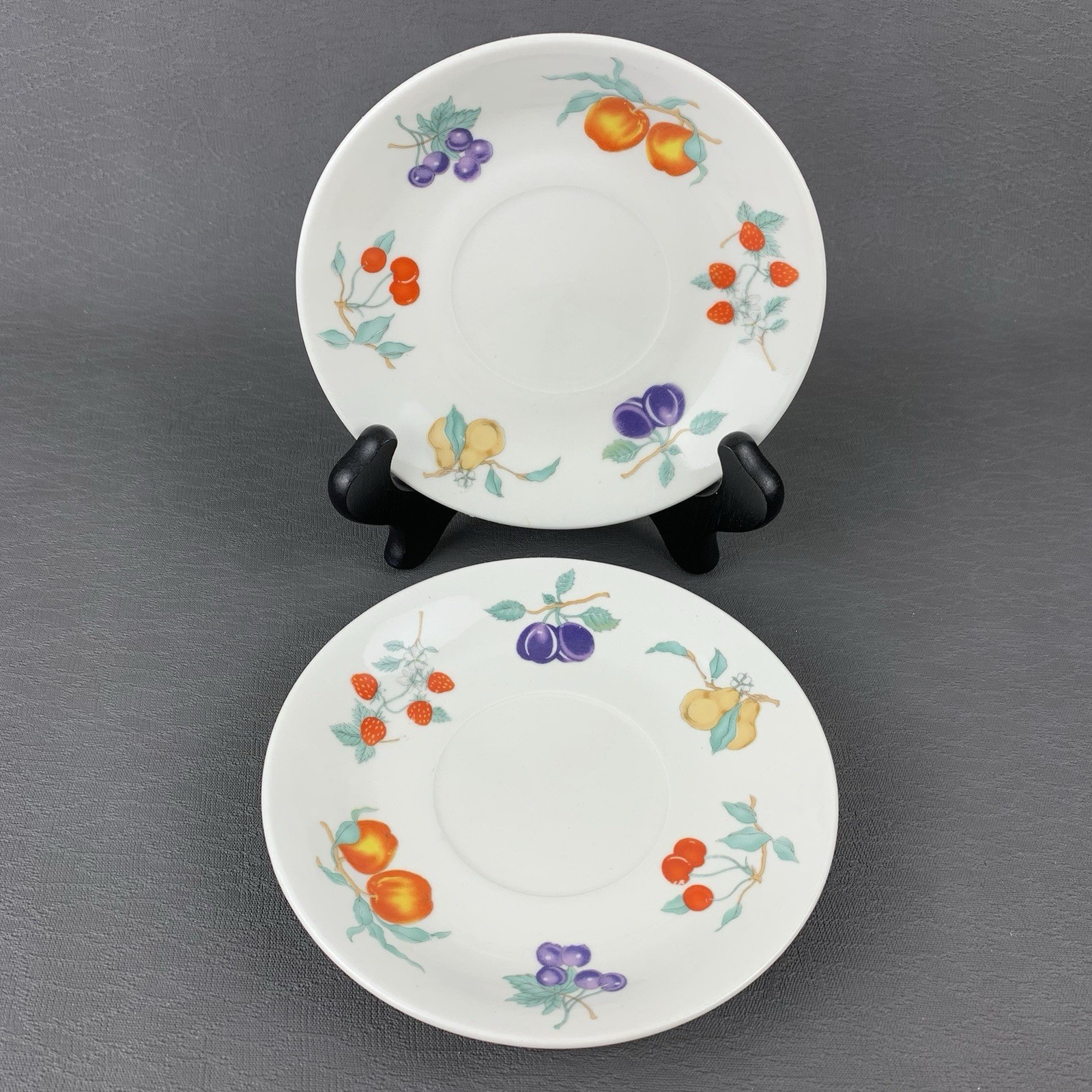 2 Tabletops Unlimited Dulcie Saucers w Colorful Fruit and Leaves Replacements