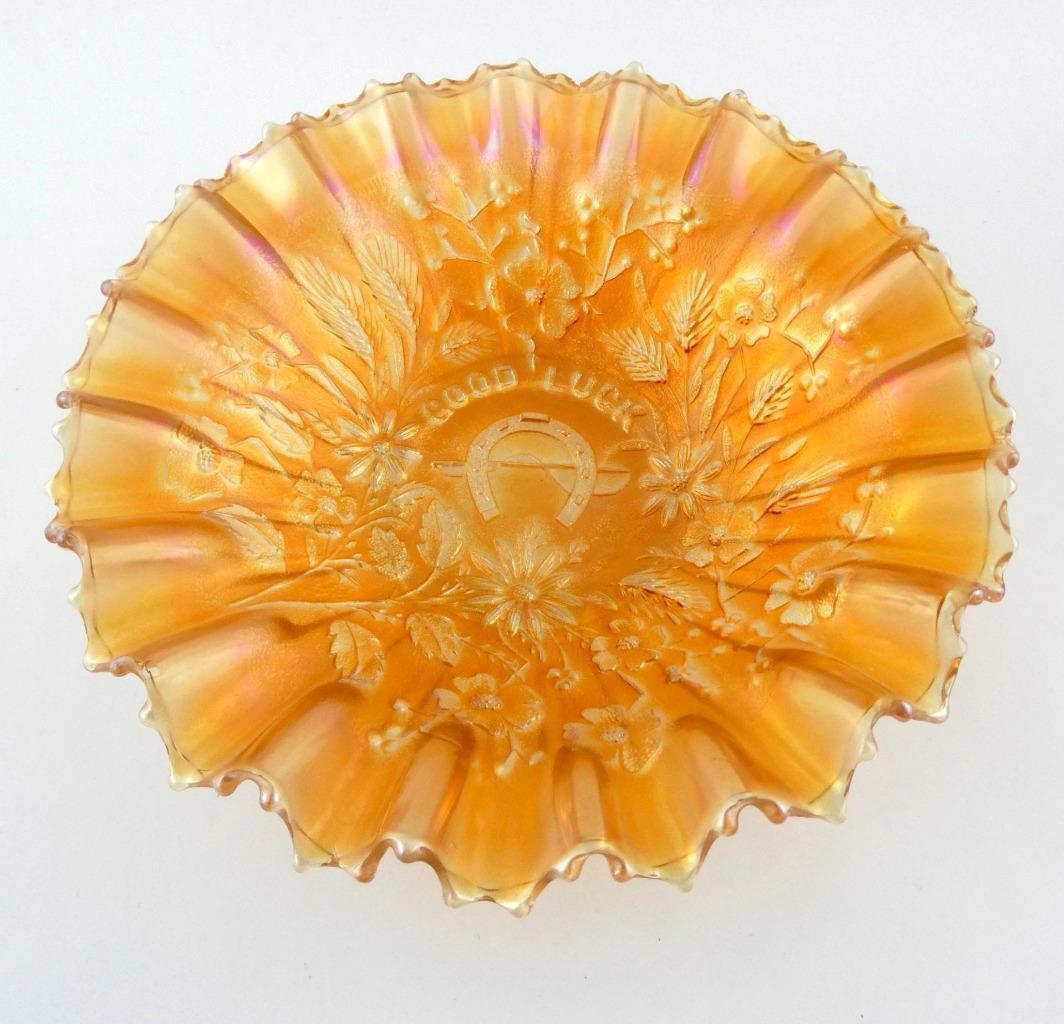 Northwood Marigold Carnival Glass Good Luck Bowl 8.5 Inch Diameter VERY GOOD