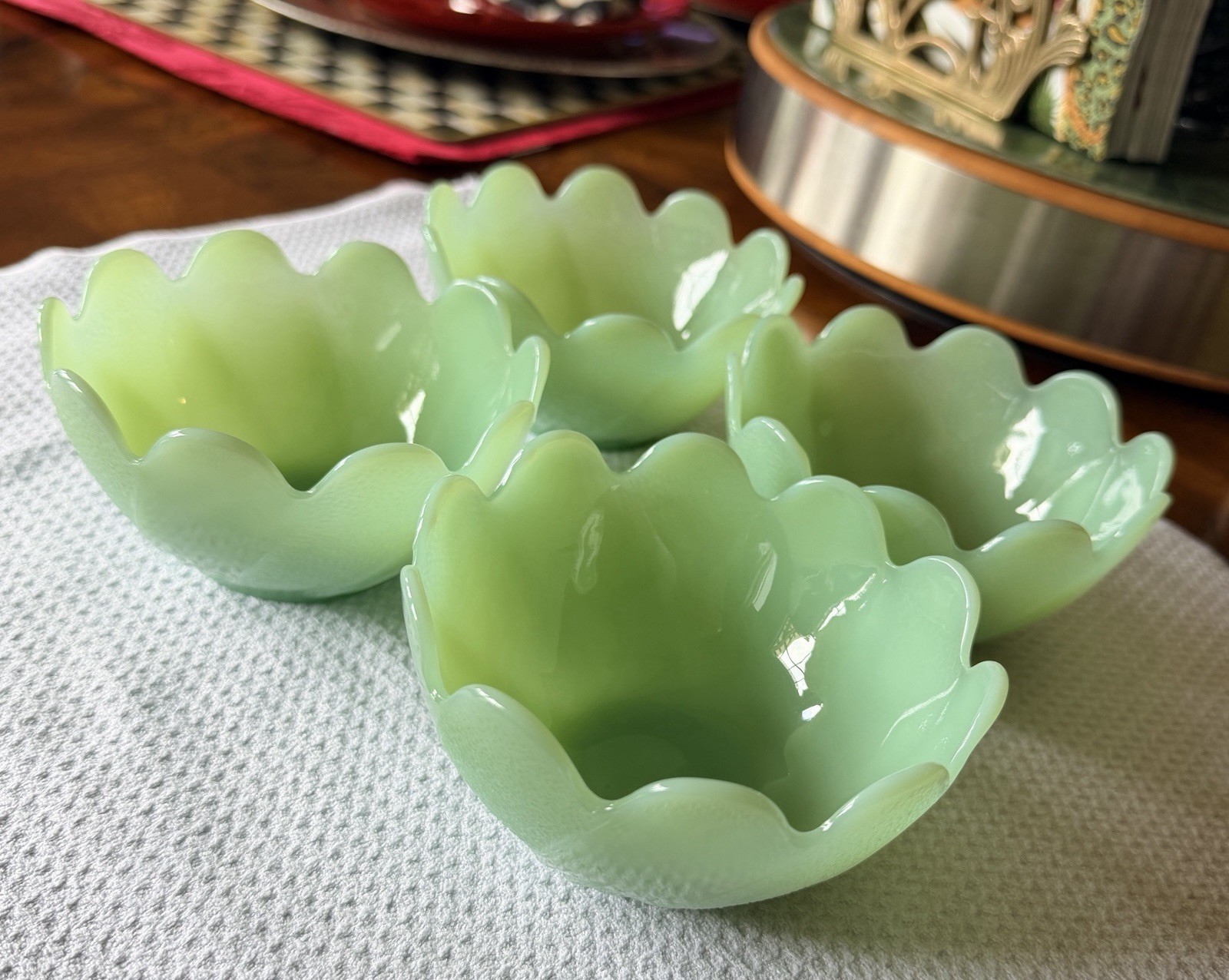 Fire King Jadeite Lotus Blossom Leaf Dessert Cup Bowl Set of 4 Vintage 4”