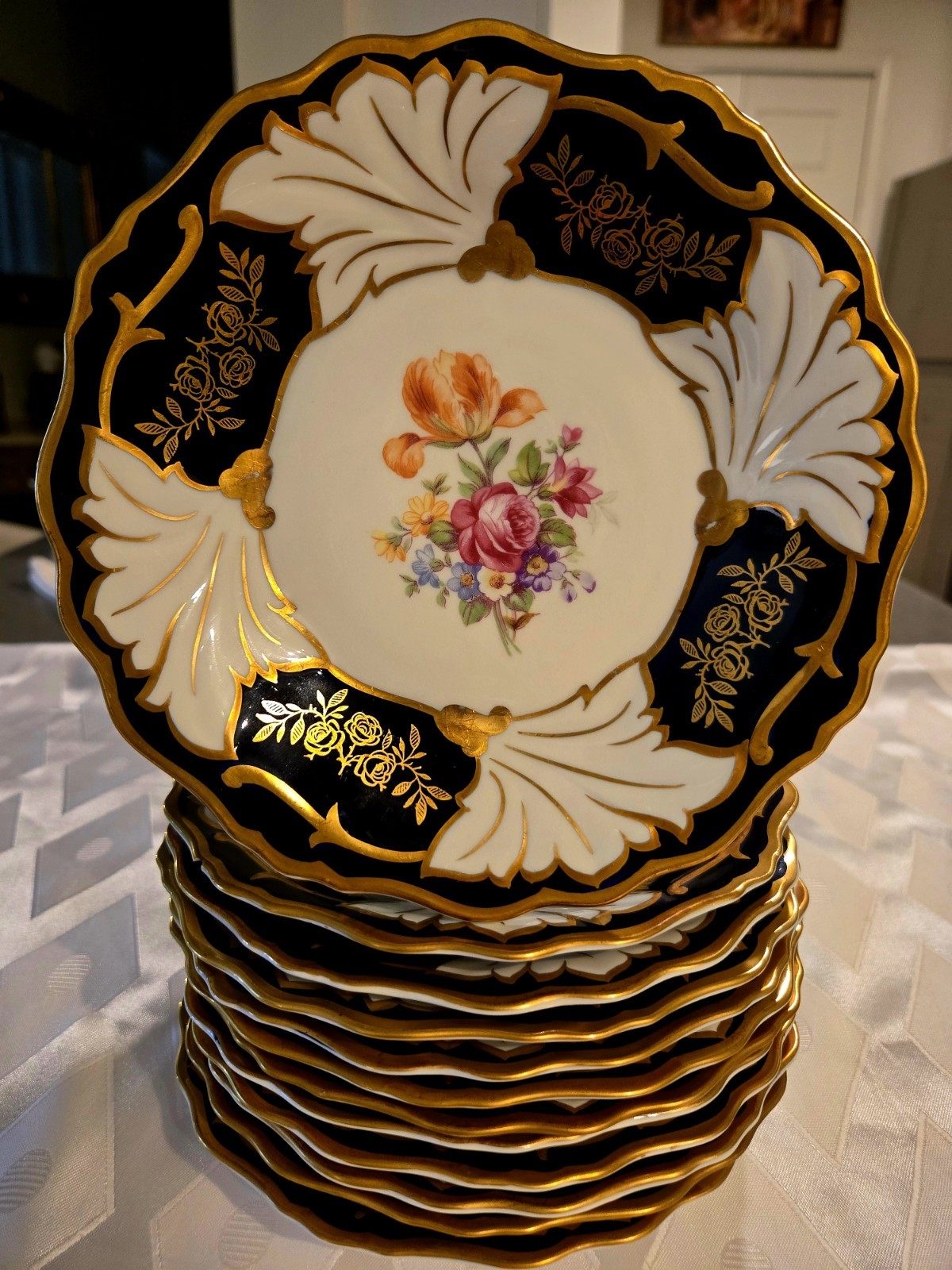 Echt Weimar Kobalt German Porcelain, 7 1/2″dessert plates set of 12 Never Used.