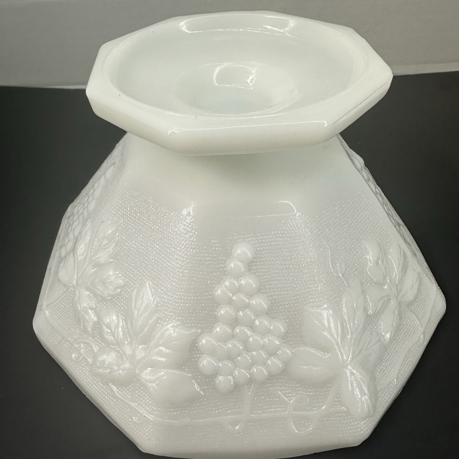 Milk Glass Grapes and Leaves Footed Pedestal Fruit Bowl Octagon 9″