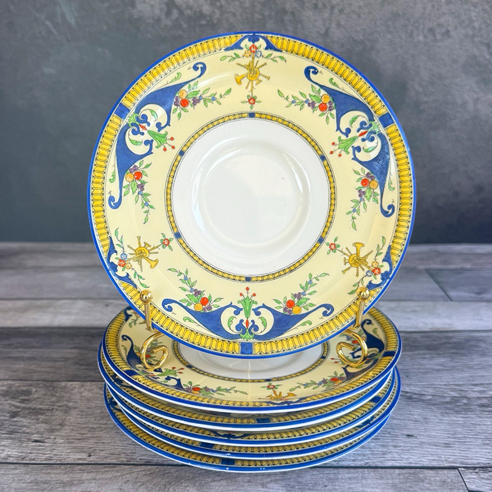 Royal Worcester Bordeaux Set of 6 Saucers England Blue Yellow 6.25”