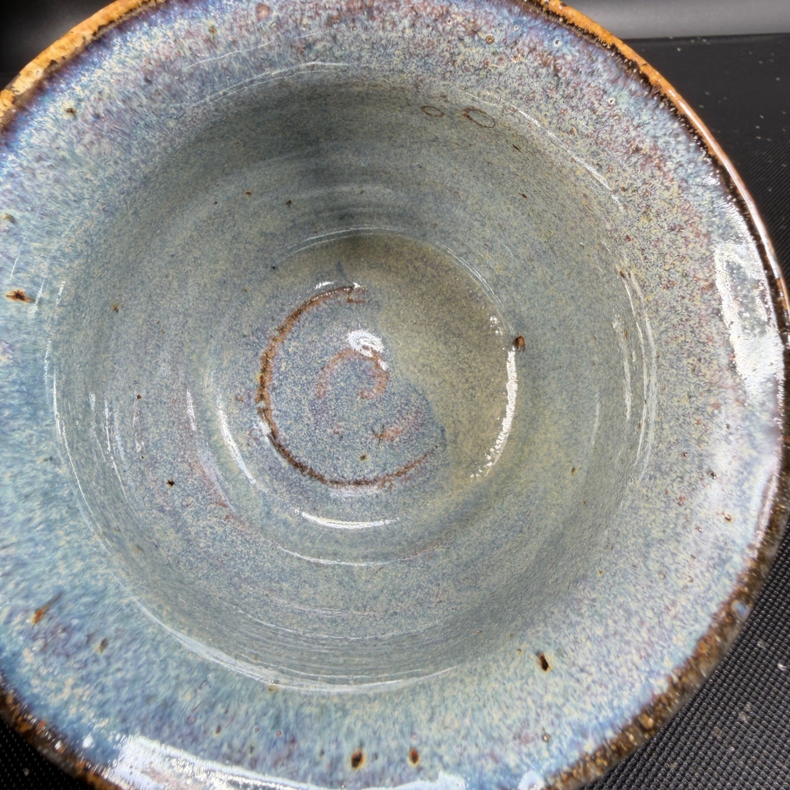 Signed Studio Art Pottery Blue Purple Drip Glaze Stoneware Bowl Handcrafted 4in