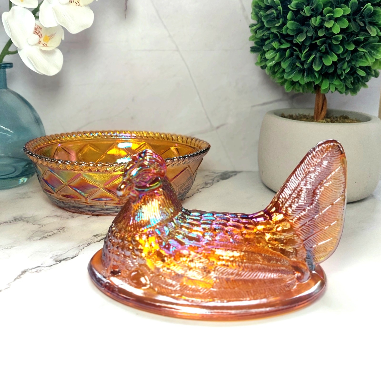 Golden Amber Carnival Glass Hen on Nest Chicken Candy Dish, Depression Style
