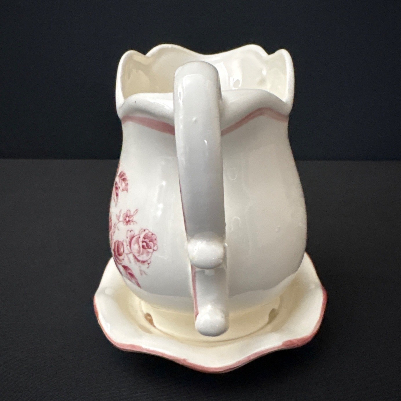 White Japanese Ceramic Pitcher Pink Floral Design Matching Saucer Plate Creamer