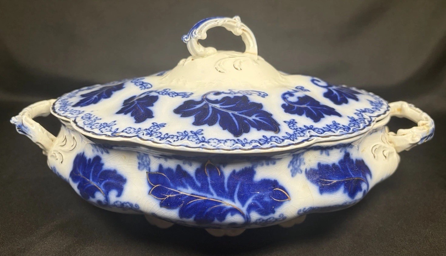 Antique Johnson Bros Normandy Flow Blue Oval Covered Vegetable Bowl Dish 11.5”