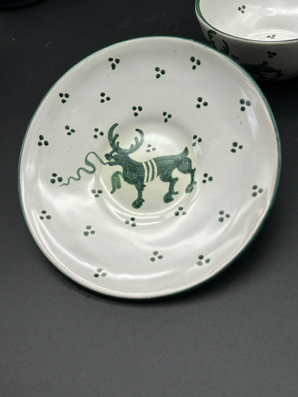 Vintage Italy SA Cup and Saucer Handpainted Pottery Green Stag Deer Artisan Set