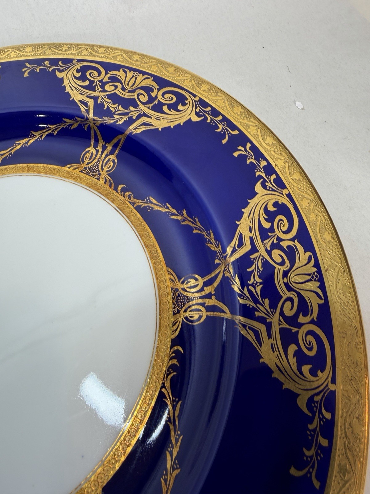 Antique Minton Porcelain 2 Dinner Plates w Raised Cobalt Blue Gold Rim 10 1/8 in