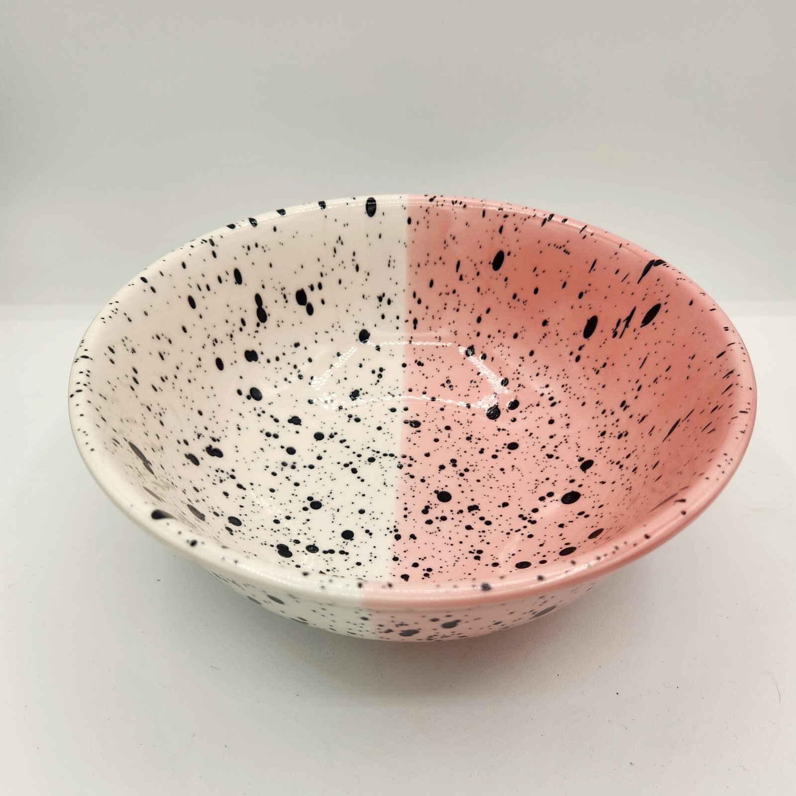 VTG Pottery Bowl Light Pink Off White Black Splatter Trinkets Noodle Fruit 8in