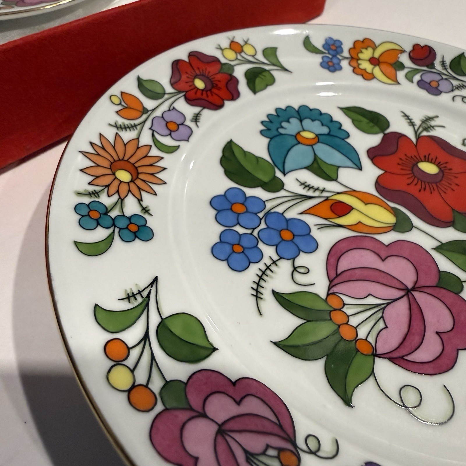 Vintage Kalocsa Hungary Handpainted Floral Porcelain Plates Set of 2 Boxed Mod
