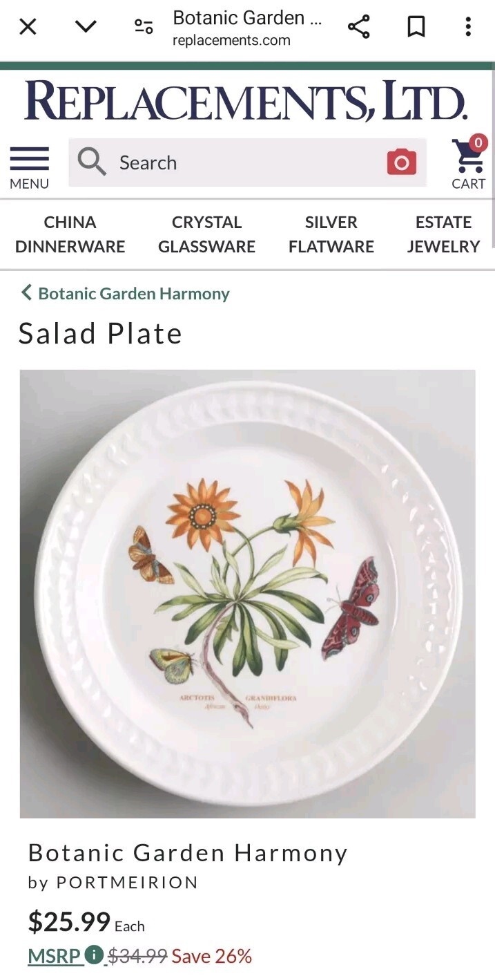 Portmeirion BOTANIC GARDEN HARMONY Papilio Opal 8 3/8″ Salad Plate African Daisy