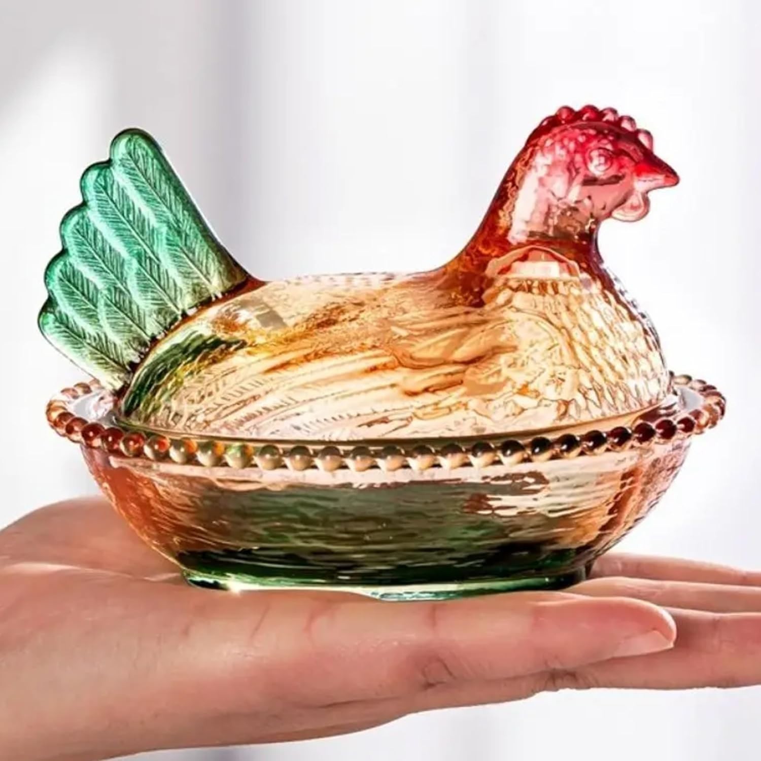 Vintage-Style Glass Hen on Nest Dish with Lid, Colorful Pedestal Candy Bowl