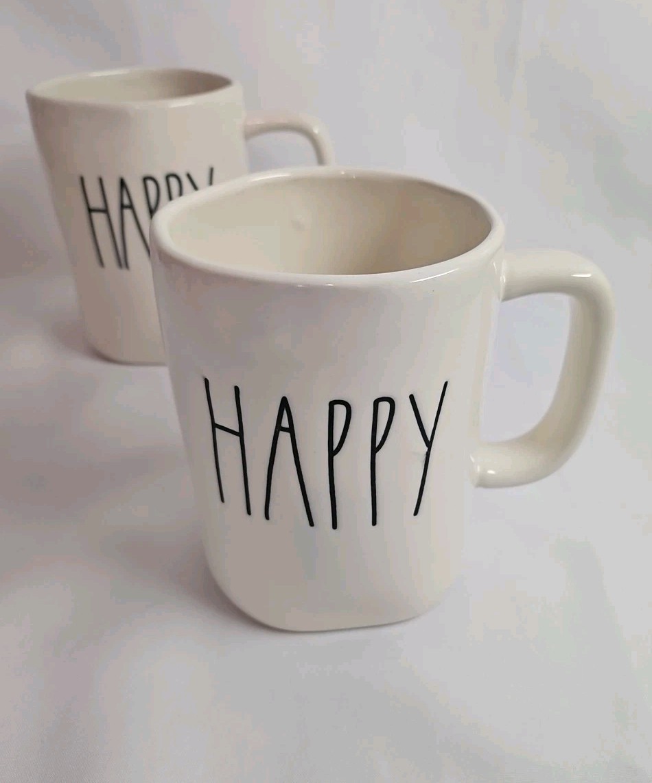 Rae Dunn “HAPPY” Set of 2 Coffee Mugs Tea Cups 16oz appx. By Magenta EUC