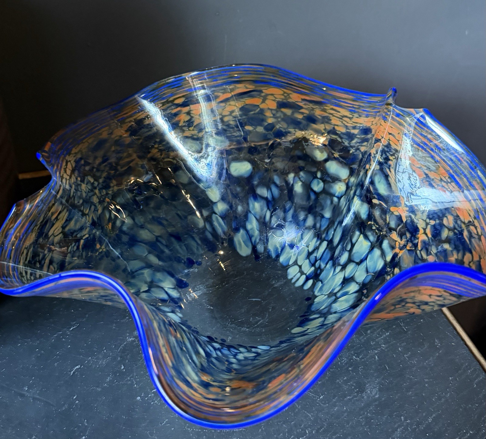 Vintage 1987 David Hershey Signed Blown Art Glass Ruffled Wave Bowl Confetti