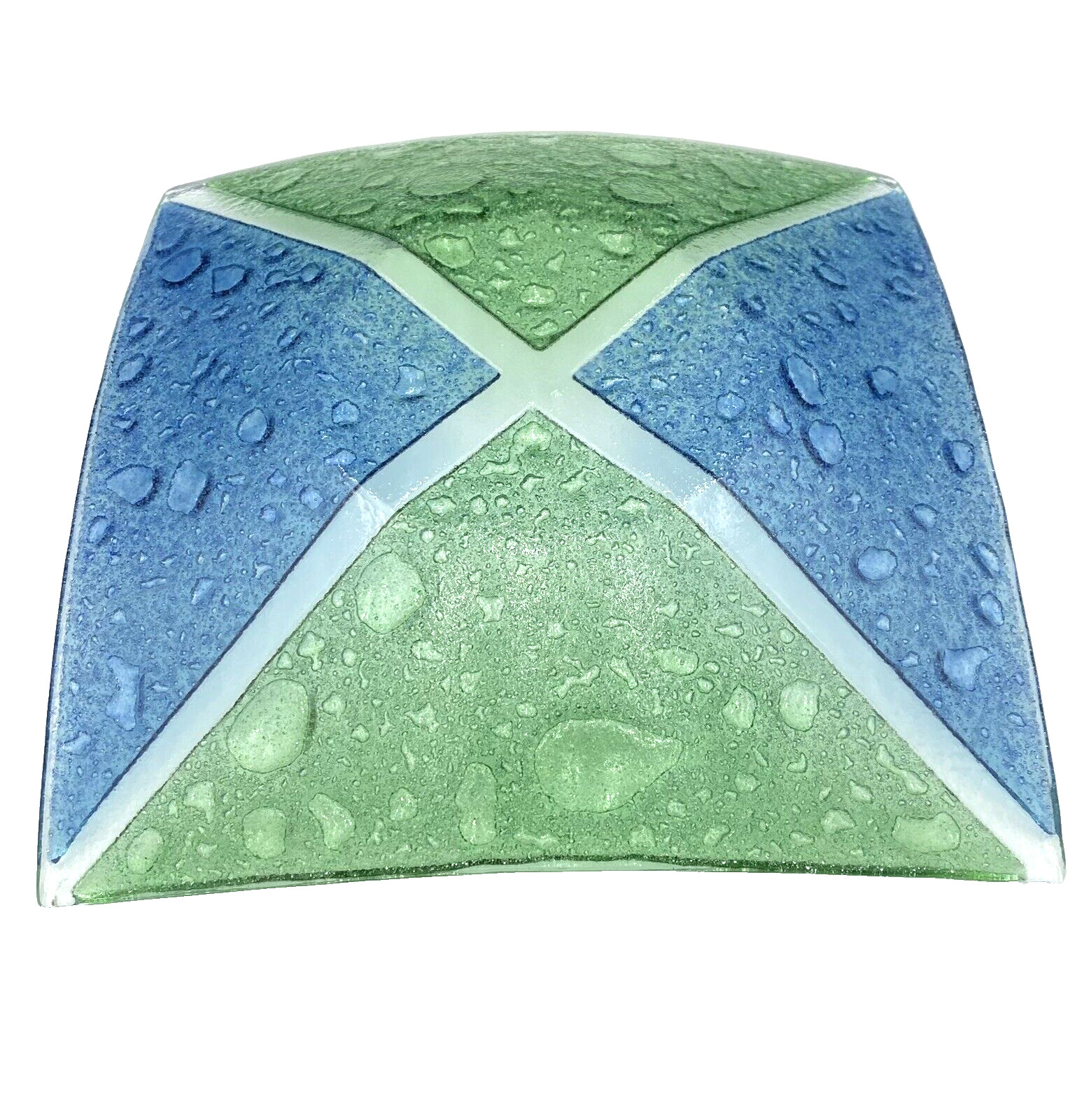 Fused Art Glass Plate, 9″ Curved Square, Green, Blue and Clear Glass w/Bubbles