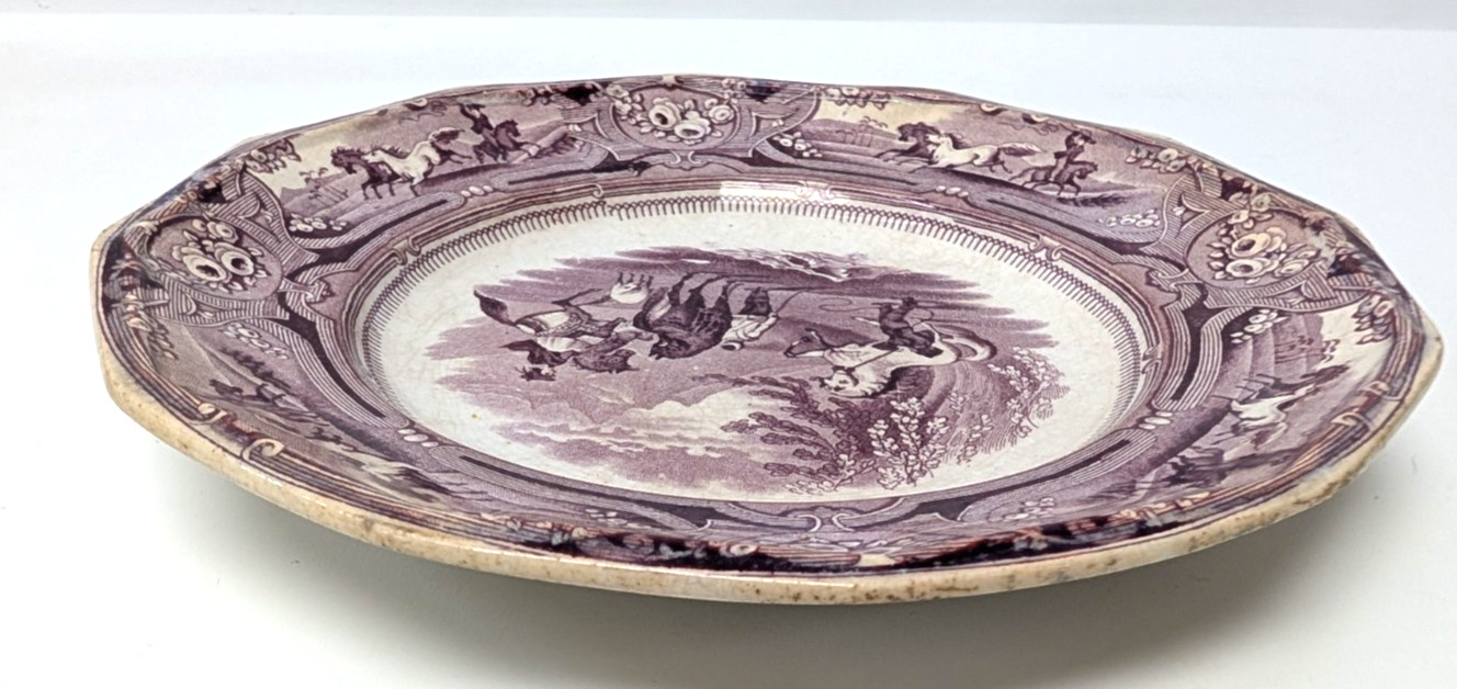 Antique Shaw’s Peruvian Horse Hunt Purple/Brown Transferware Plate Staffordshire