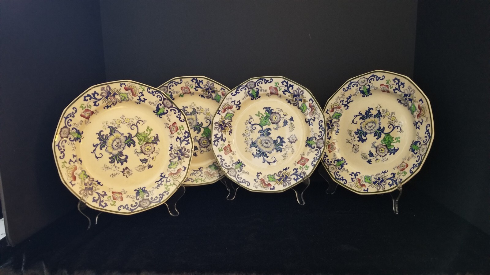 Doulton Burslem Porcelain Plates, Set of 4, Blue & White, 8″. England.