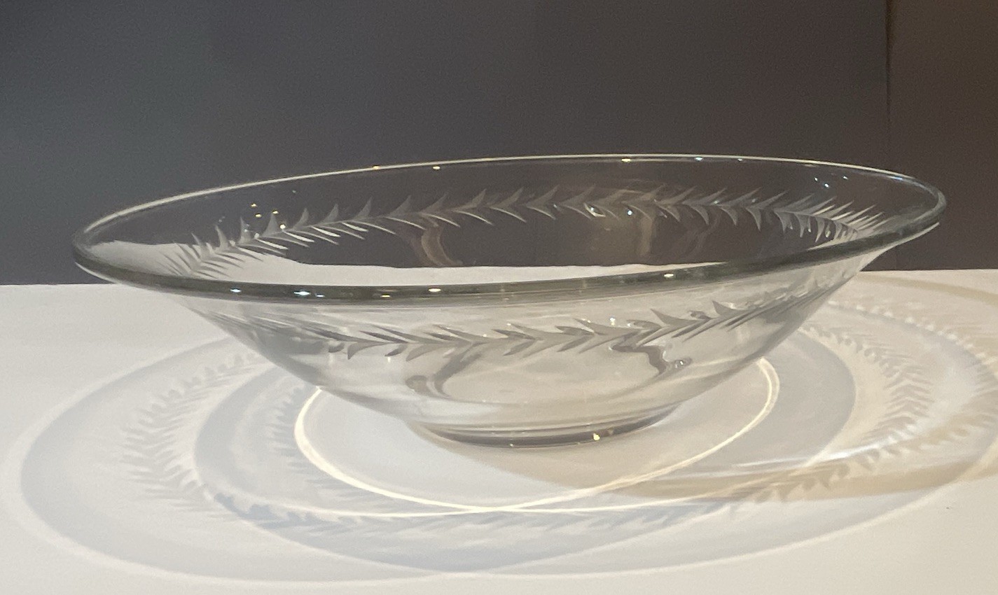 Clear Round Glass Bowl, Decorative Etched Leaf Pattern