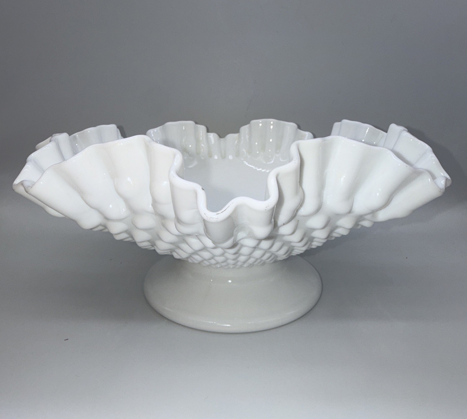 Vintage Fenton 10” White Milkglass Hobnail Serving Bowl with Ruffled Edge