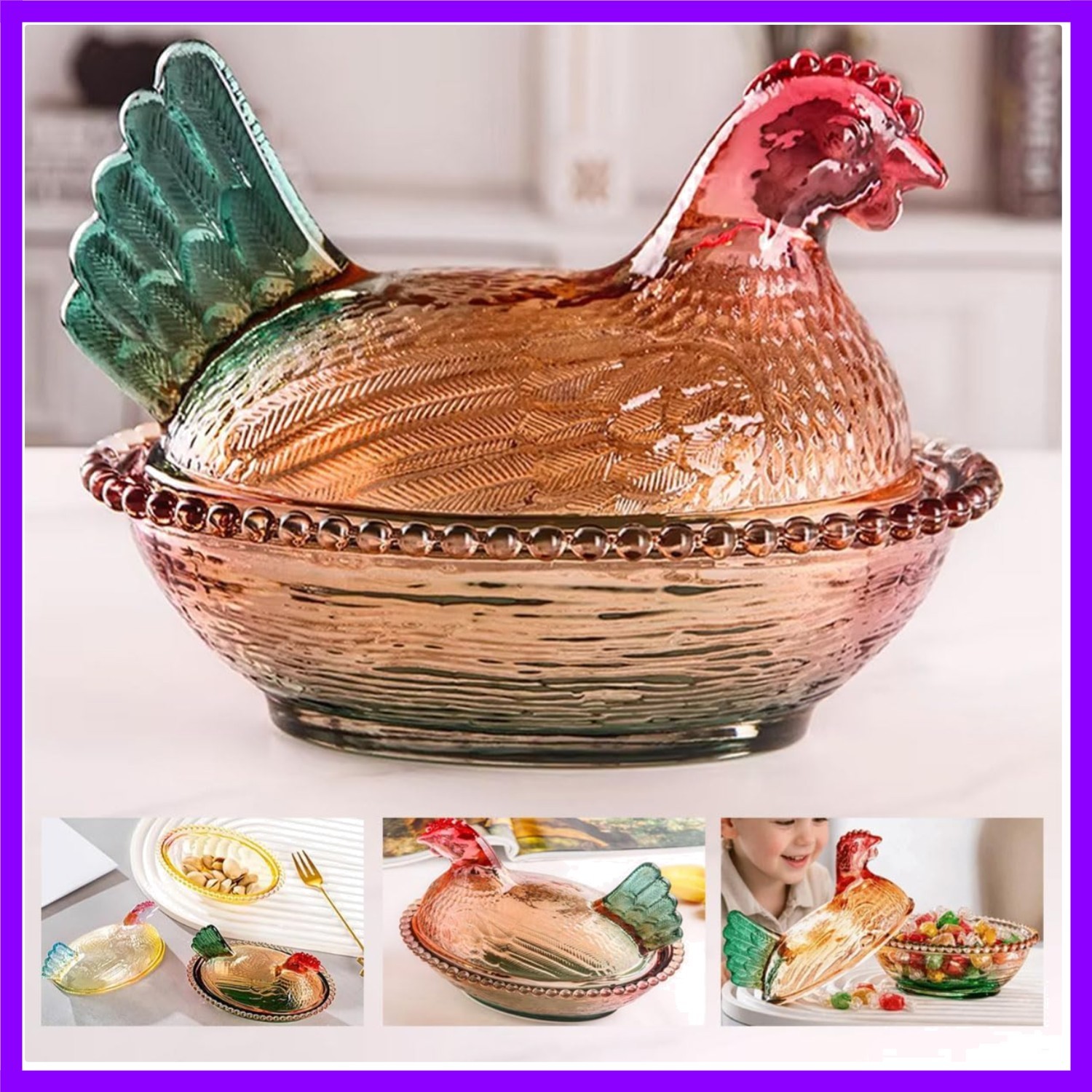 Vintage-Style Glass Hen on Nest Dish with Lid, Colorful Pedestal Candy Bowl