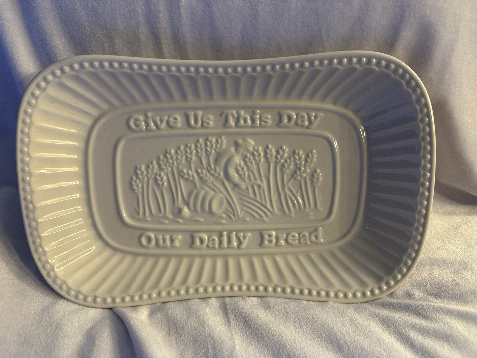 White Glossy Ceramic Rectangular Platter “Give Us This Day Our Daily Bread”