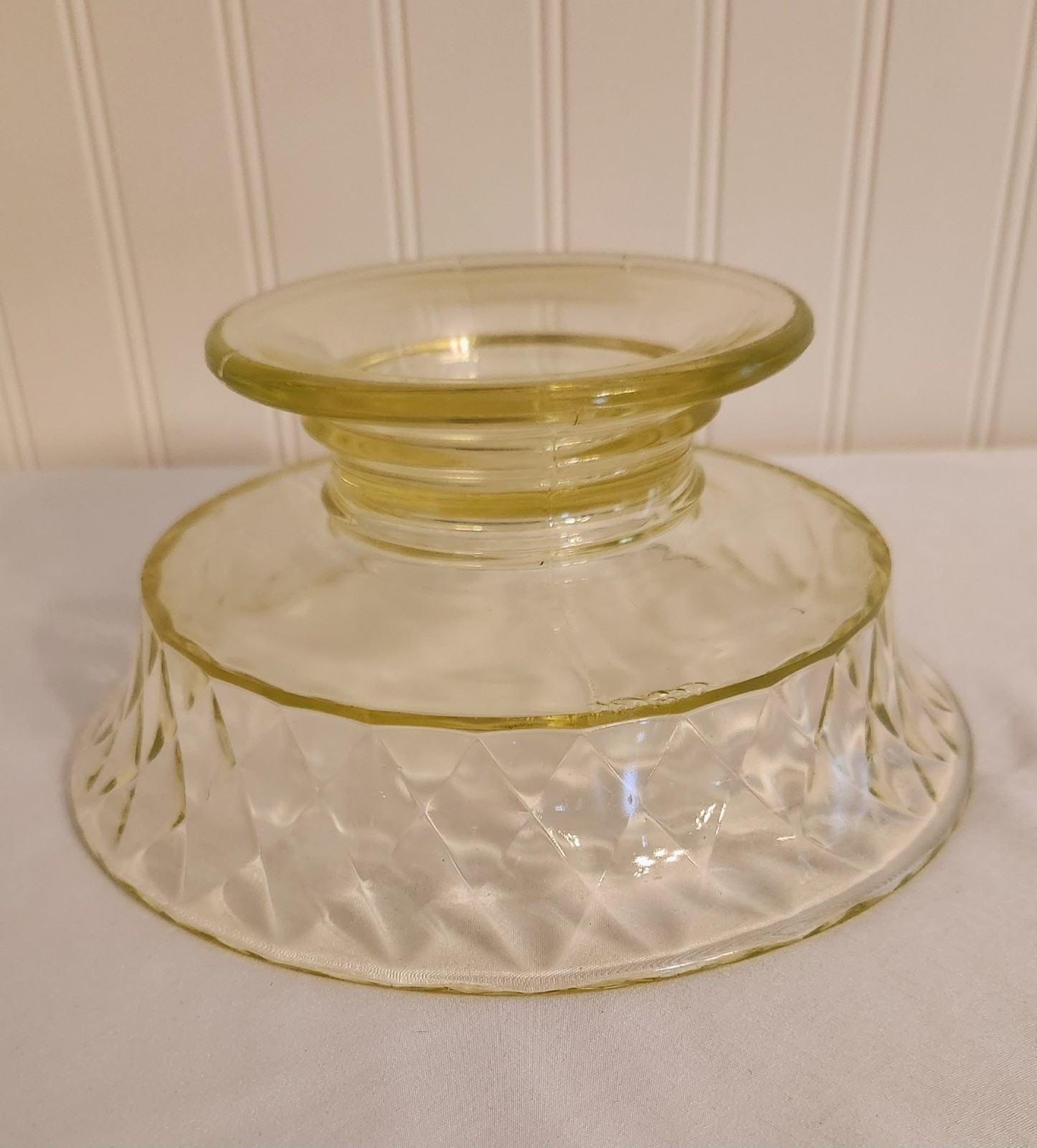 Antique Bryce Vaseline Canary Yellow Uranium Glass Diamond Quilt Compote Bowl