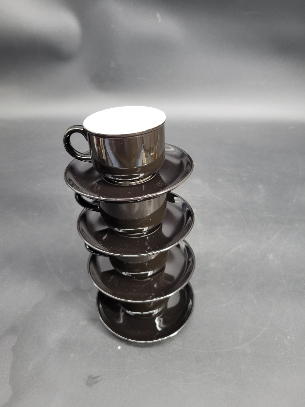 4 Black Glazed 2 1/8″ Teacup/Coffee Cup w/ Four 5″ Saucer Sets 8-Pieces Total