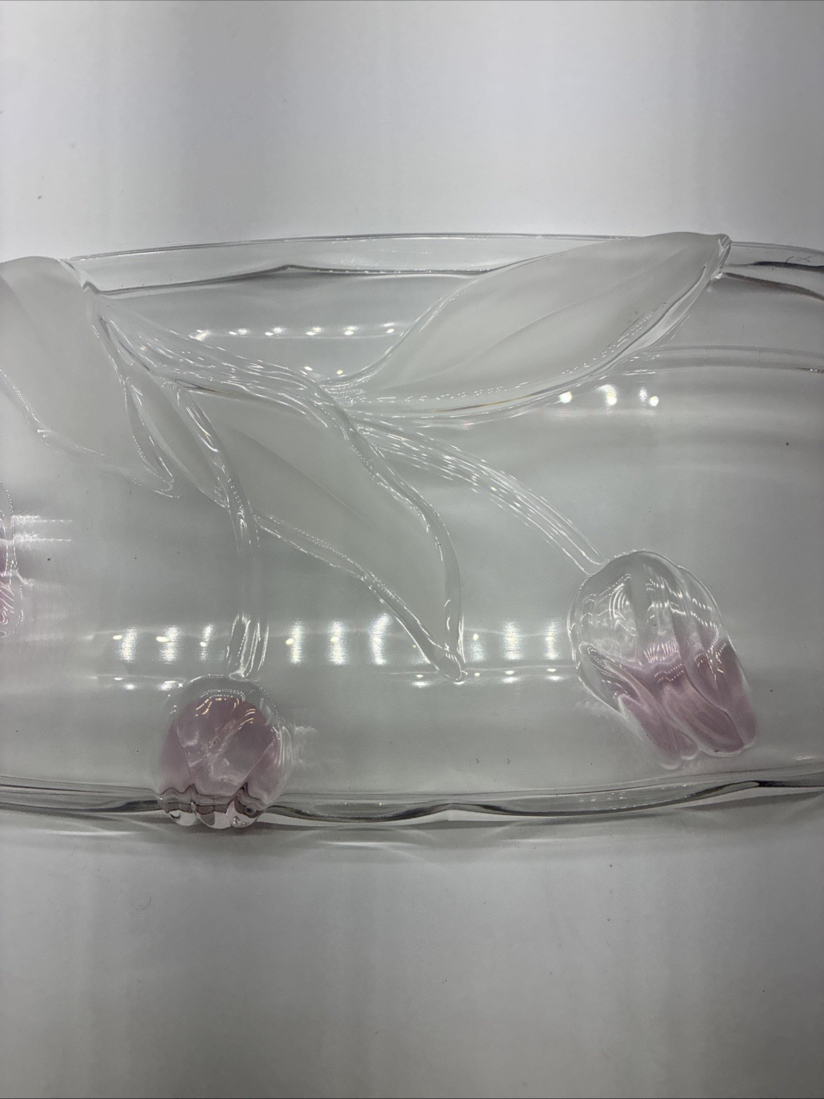 Mikasa Tivoli Tulip Rectangular Glass Serving Platter 15”X7” Pink Tulips New