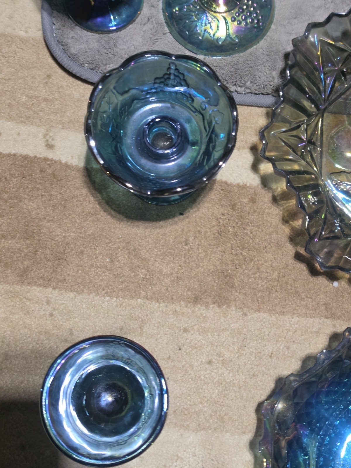 9 Pcs Indiana Carnival Glass Iridescent Blue 1 Pitcher,  & 8 Goblets