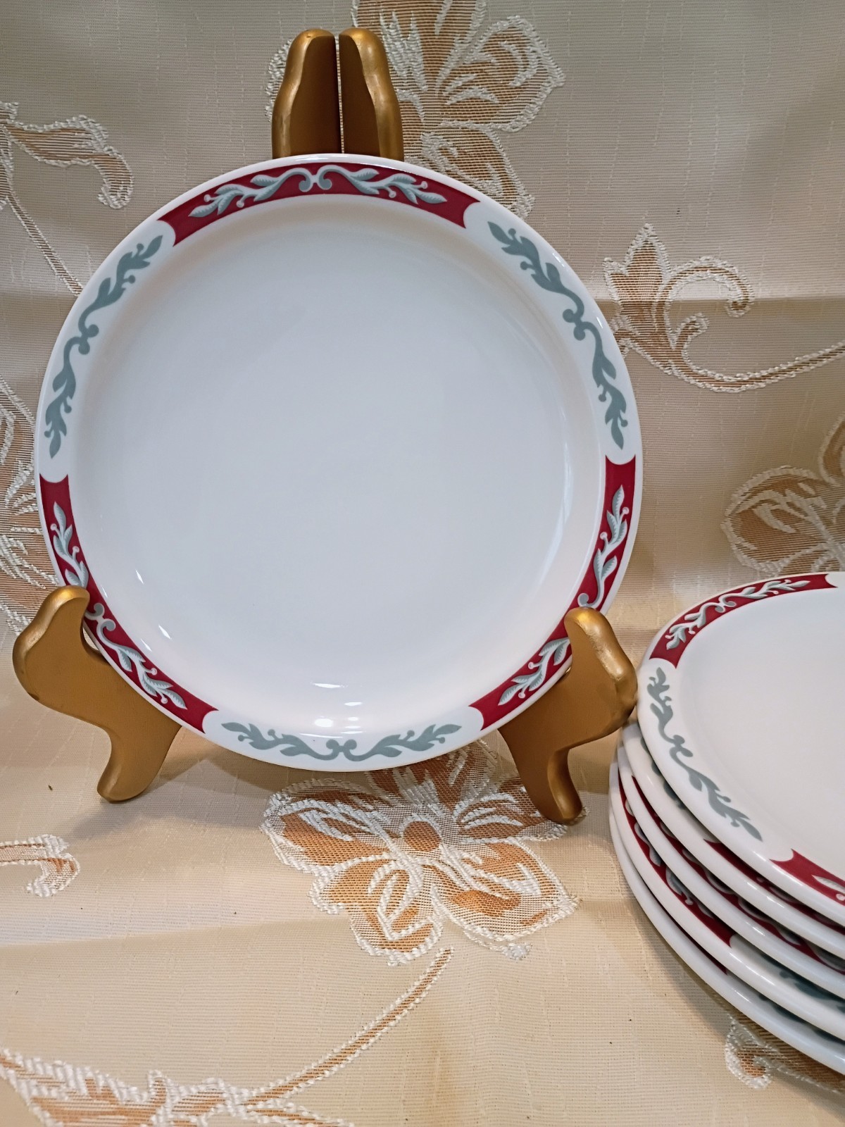VTG Syracuse China Embassy Pattern White w/Red Border Dessert/Side Plates-Six PC