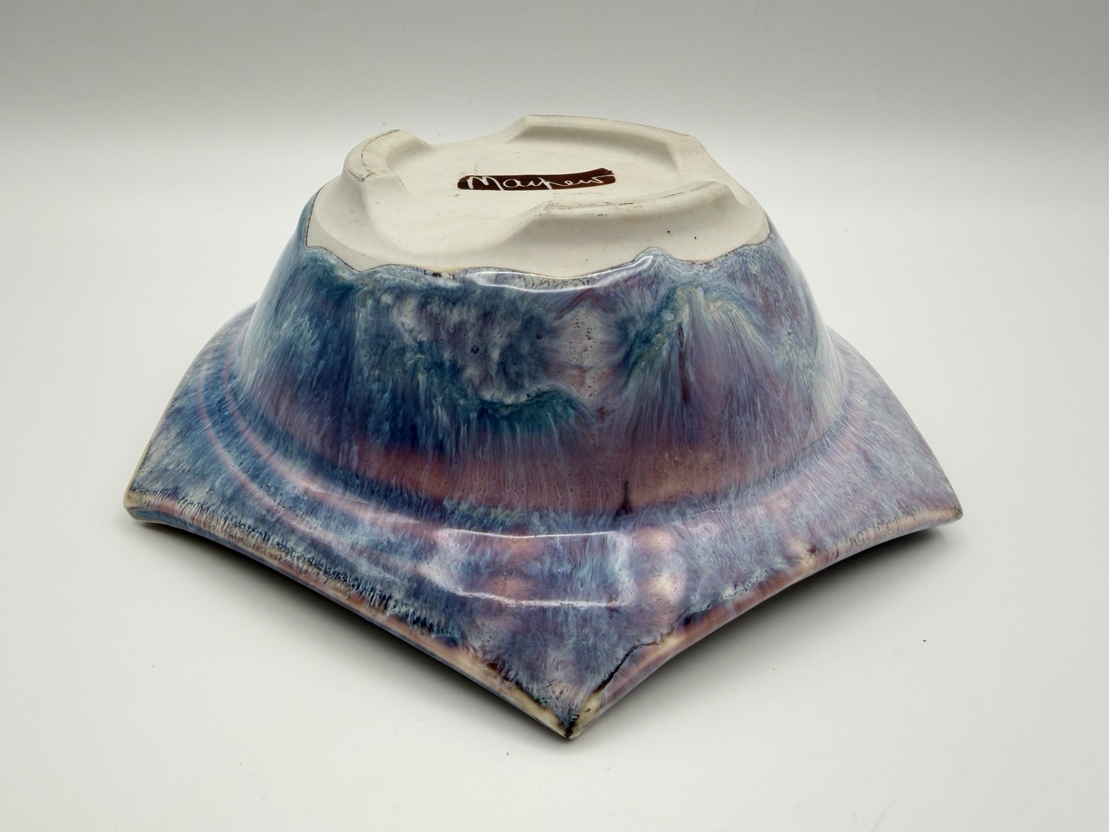 Phil Mayhew Studio Art Pottery Drip Glaze 8″ Bowl Hexagon Shape Artist Signed