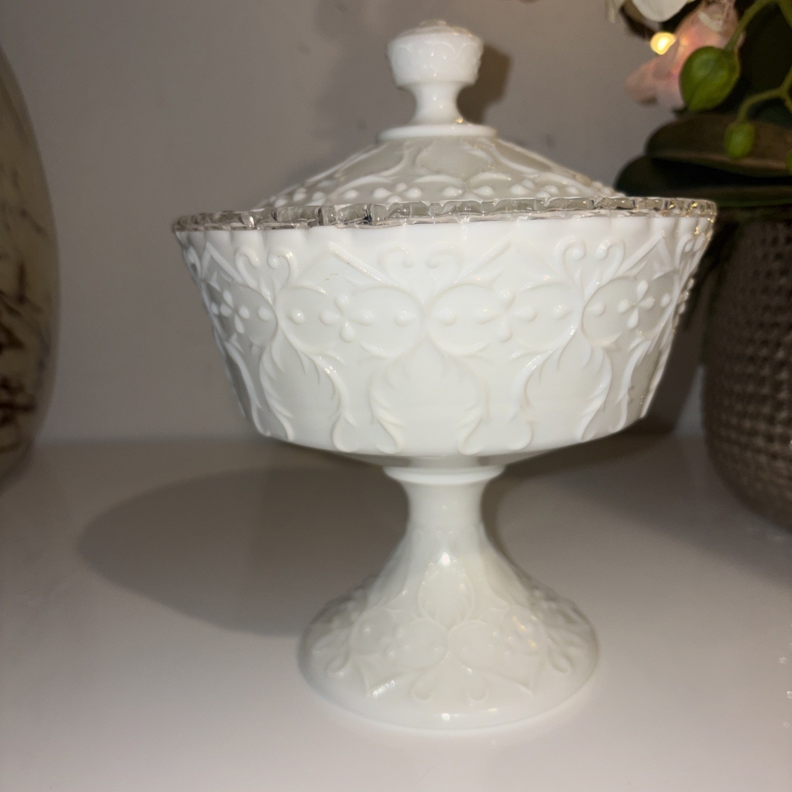 Fenton Milk Glass Silver Crest W/ Spanish Lace Footed Compote Candy Dish W/Lid