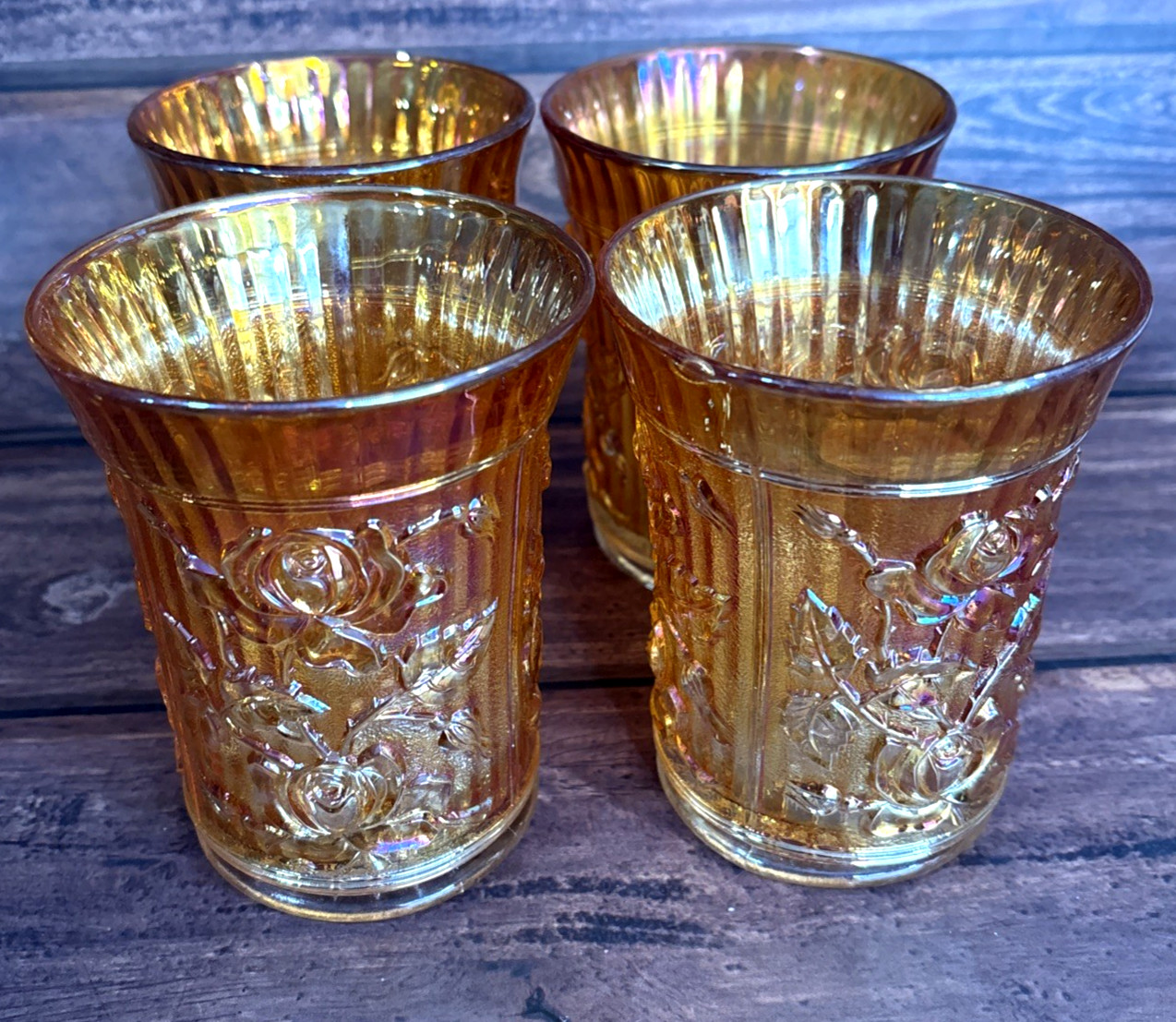 Vintage Imperial Marigold Carnival Glass Water Pitcher With Set of Four Glasses