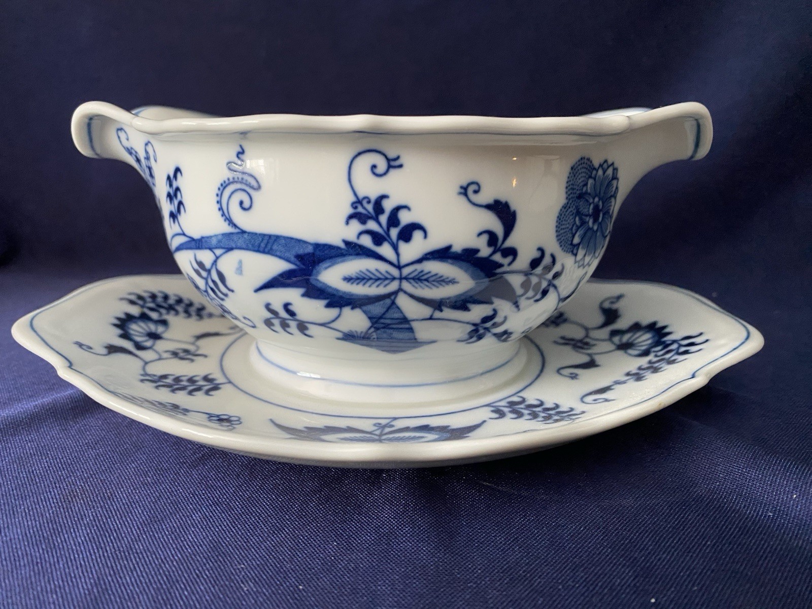 BLUE DANUBE Two Spout Gravy/Sauce Boat Attached Underplate Banner Stamp EUC