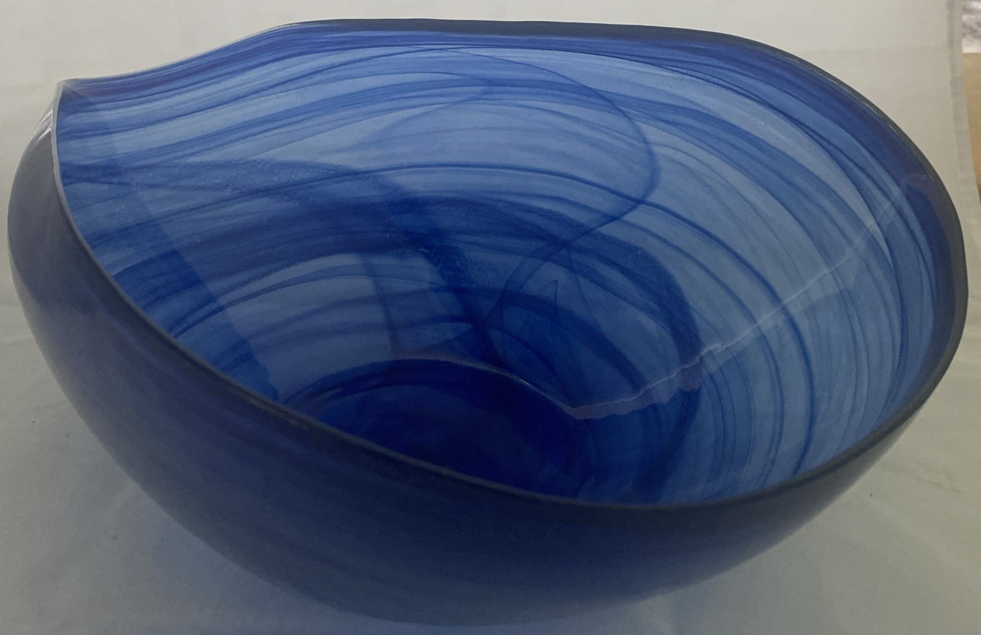Murano Style Art Glass Cobalt Blue Swirl Asymmetrical Bowl 13 5/8″ Long