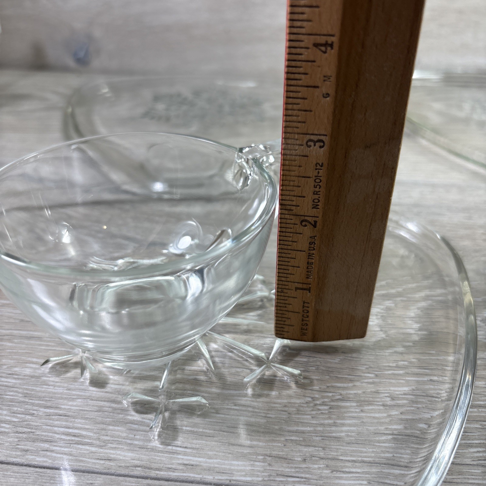 Vintage Indiana Glass 4 Diff. Snowflake Triangle Snack Plates W/Cups set 8.75”