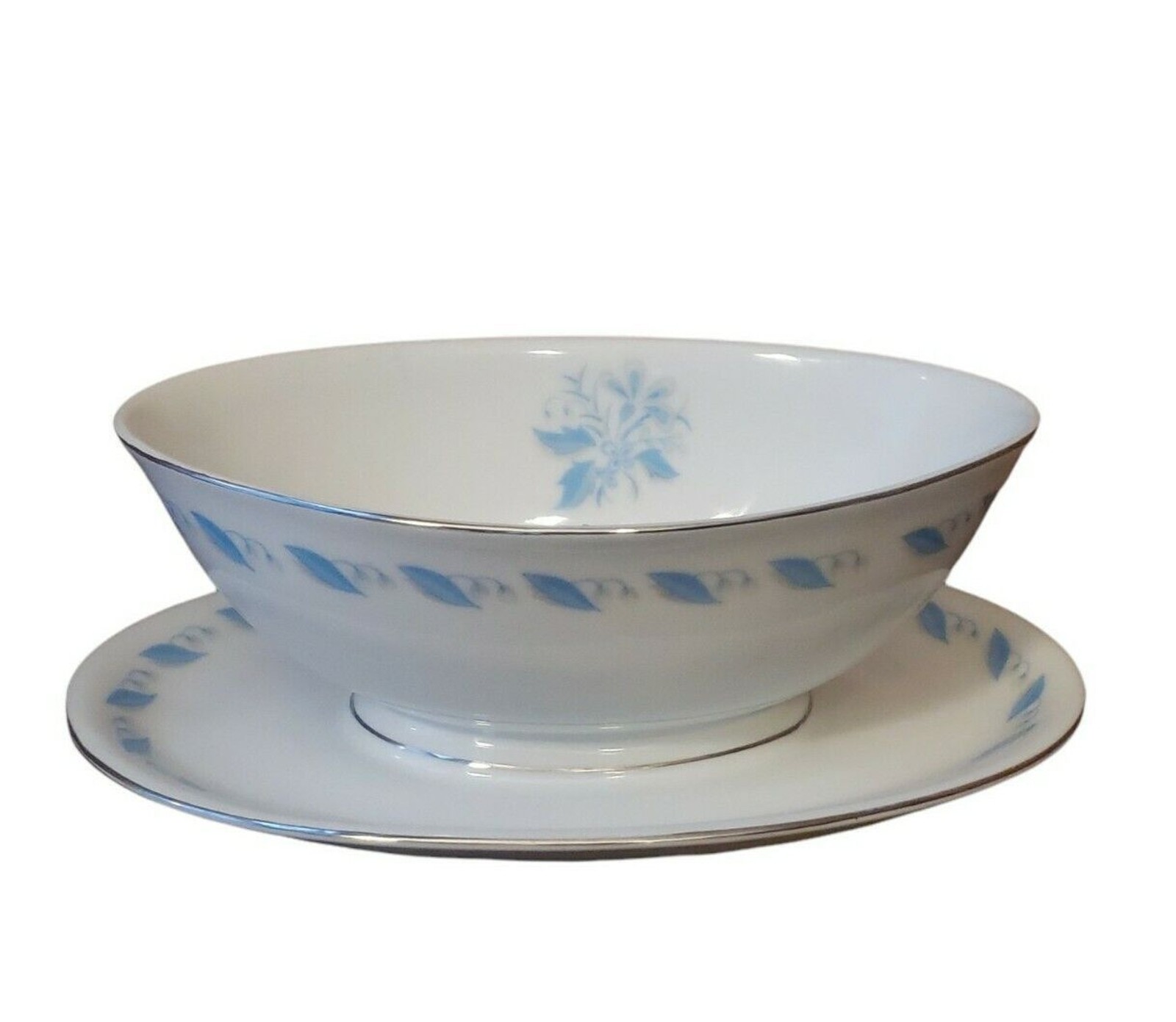 Abalone China Sky Flower Gravy Boat Vintage Japan MCM White Blue Platinum Trim