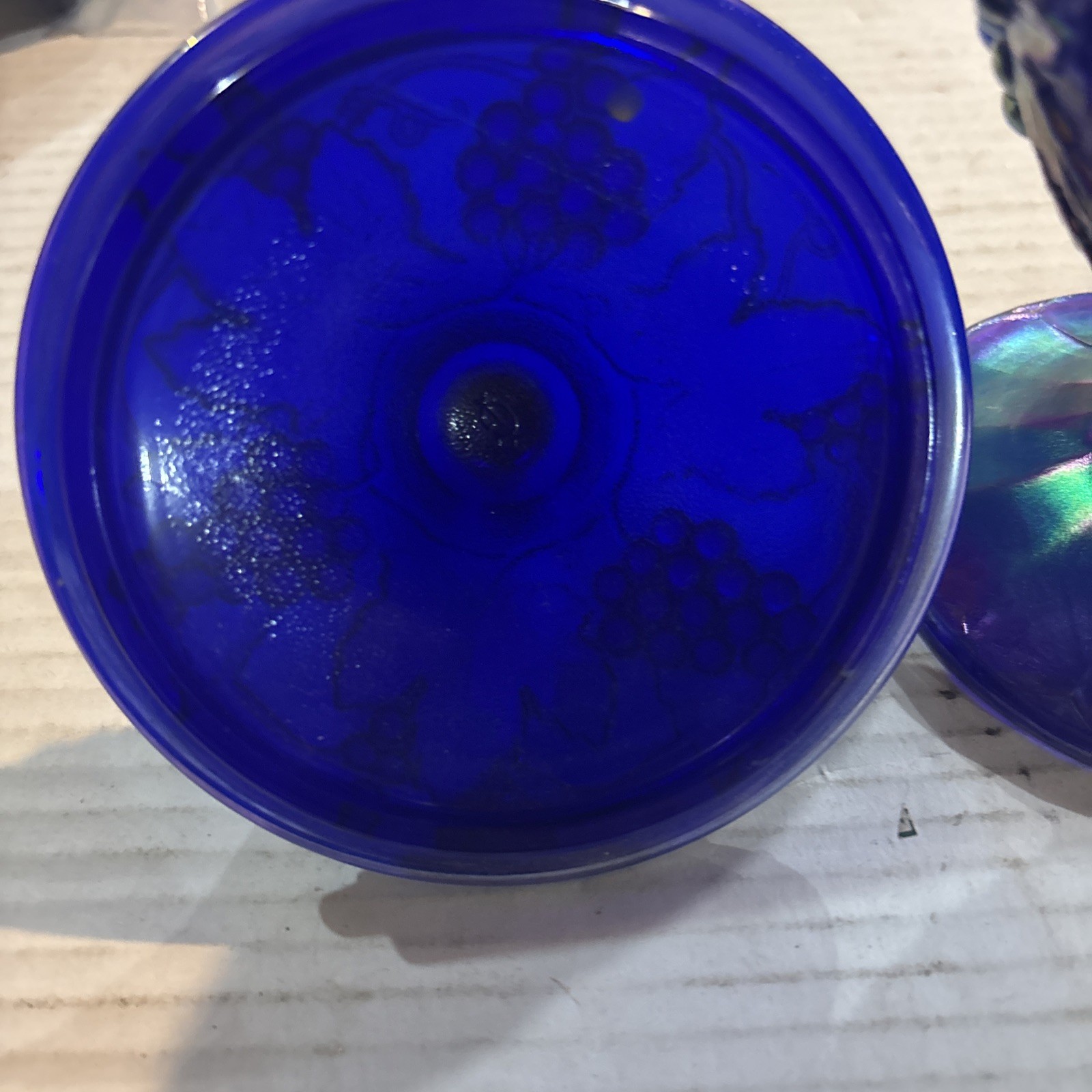 Imperial Blue Carnival Glass Harvest Grape Candy Dish Lid Compote With Sticker