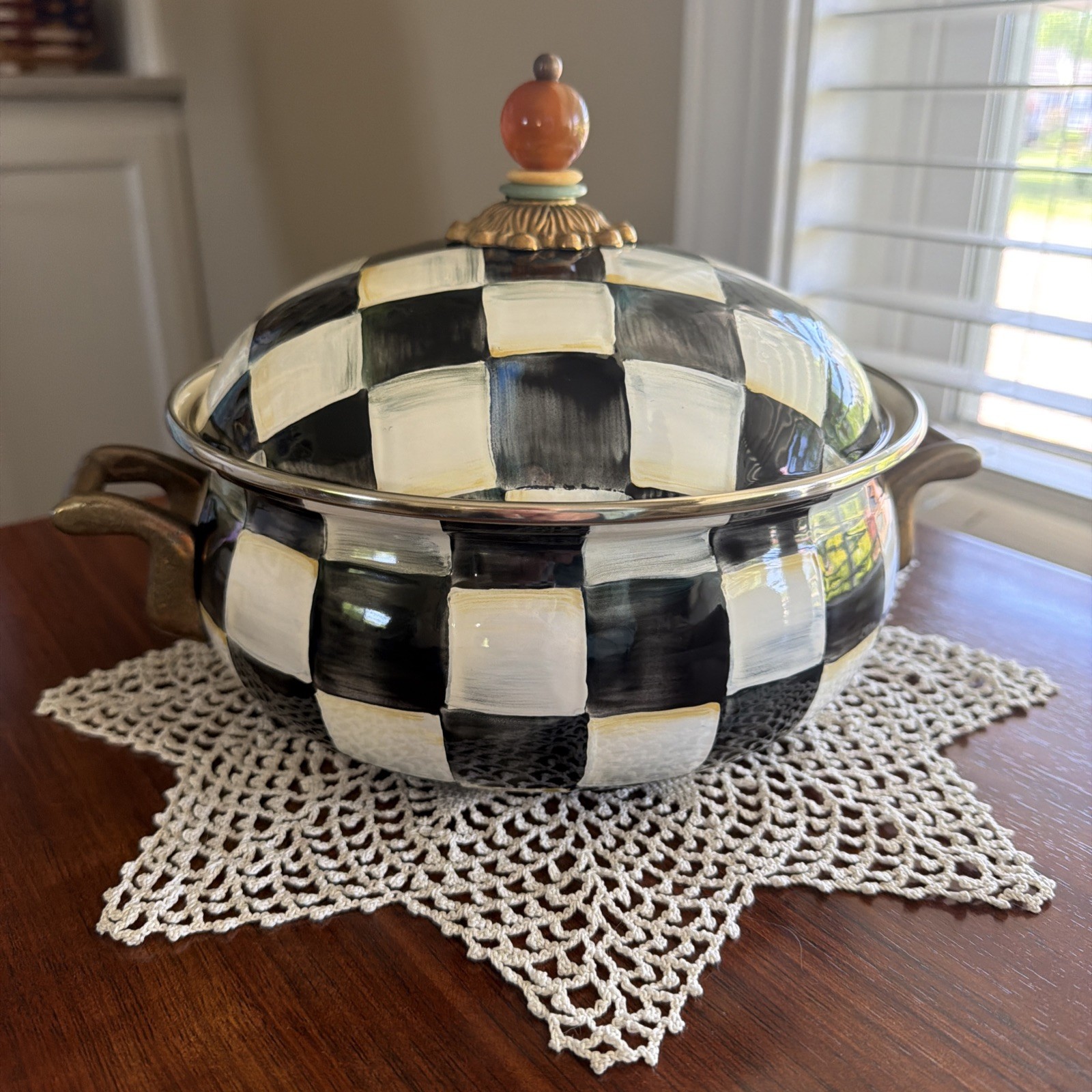 Mackenzie Childs Courtly Check Covered Casserole Handles 3 Quart Enamel Retired