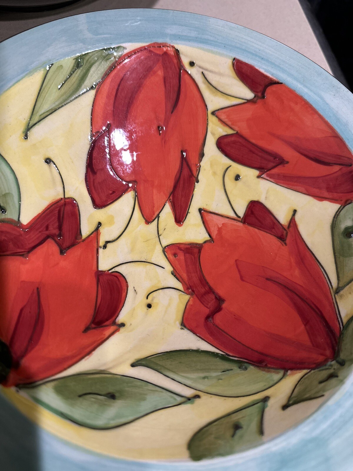 Denise Ford Original signed – Medium Glazed Ceramic Bowl – Red Bell Flower ’98