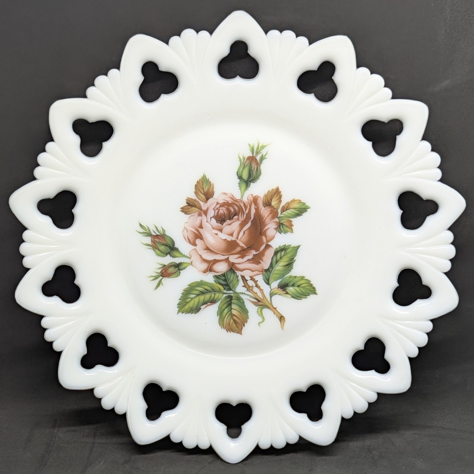 Vintage Laced Edge Milk Glass Plate Pierced Rose Flower Home Decor Dish Cottage