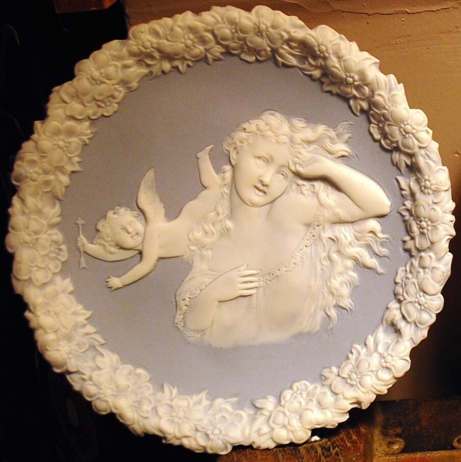 Set 2 Antique SCHAFER & VATER Blue Jasperware Wall Plaque Dishes CUPIDS/WOMEN 3D