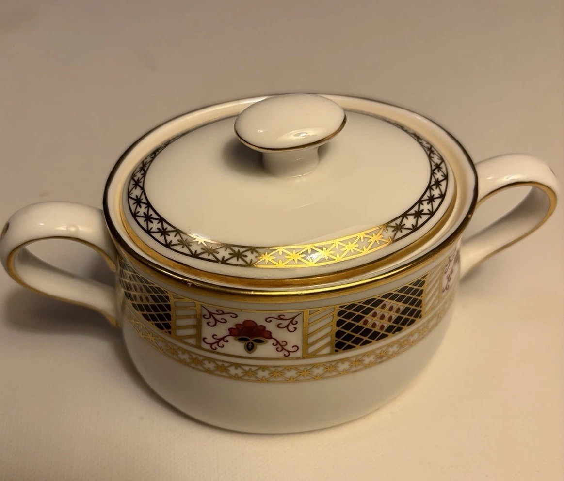 Royal Crown Derby Bordered Covered Sugar Bowl And Creamer